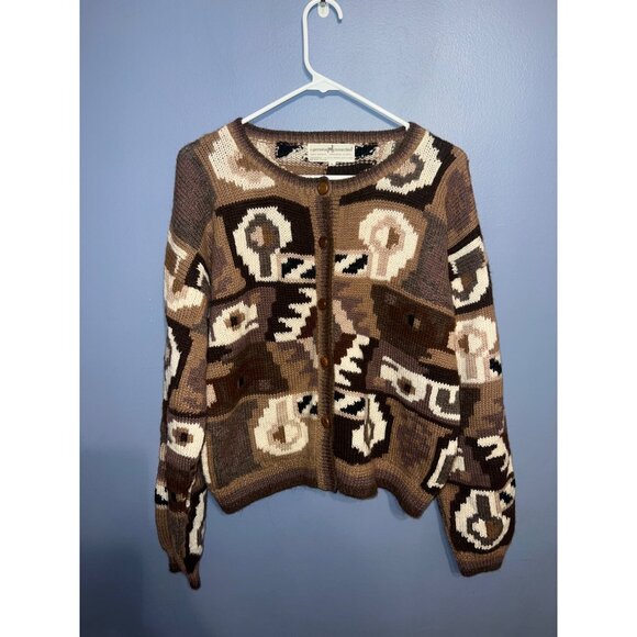 VTG The Peruvian Connection Art To Wear Multi Colored Cardigan SZ L 100% Alpaca - Picture 1 of 9